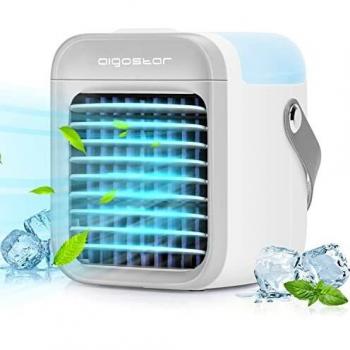 Aigostar Ice Cube - Ventilador Humidificador Portátil, sin Cables. Depósito de 300ml, 3 Velocidades， 2 Modos de Uso. Lámpara LED 7 Colores, Luz Nocturna. Asa de Transporte. Diseño Mini, Compacto.