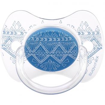 Chupete premium Suavinex Couture con tetina fisiológica de silicona, diseño étnico en tonos azules, para bebés de 4 a 18 meses