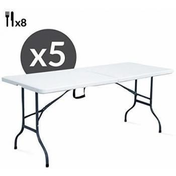 Lote de 5 mesas plegables blancas para 8 plazas - 180cm x 74cm x 75cm