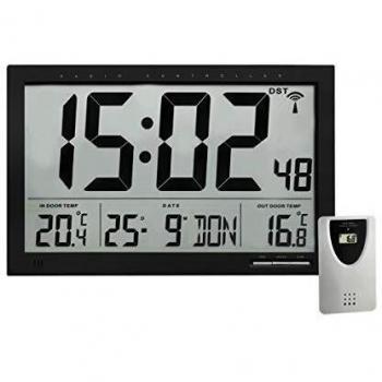 TFA Reloj Digital de Pared Negro con termómetro y Sensor Remoto tamaño XXL