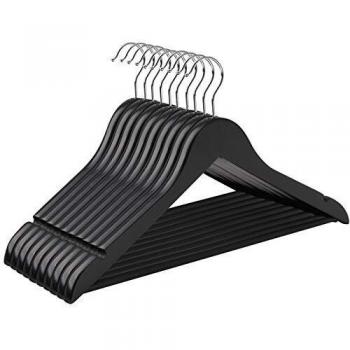 SONGMICS Perchas de Madera para Trajes, Juego de 10, Madera Maciza, Hombros con Muescas, Antideslizantes para Chaquetas, Camisas, Pantalones, Gancho Giratorio de 360°, Negro CRW02B10