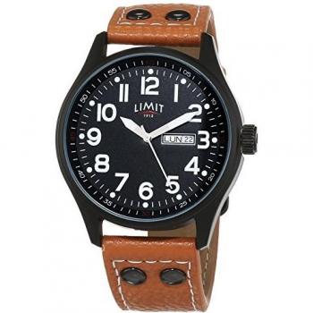 Men's Limit Black Pilot Quartz Watch with Day-Date Function and Brown PU Strap