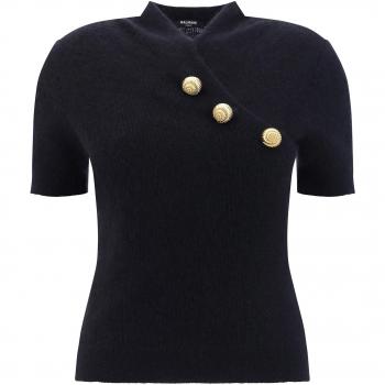 Balmain Women's Black Knit Top with Gold Buttons, Size S