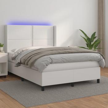 Cama box spring con colchón y LED, 140x200 cm, cuero sintético blanco