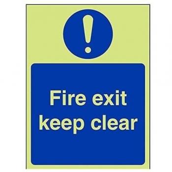 vsafety 18037 An-gFire Exit Keep Clear señal obligatoria, brilla en oscuro, 1 mm, de plástico, Vertical, 150 mm x 200 mm), color azul