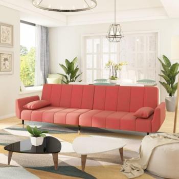 Sofá cama Hirina 2 plazas con respaldo ajustable y almohadas, dimensiones 69x220x84,5 cm, tapizado en terciopelo rosa