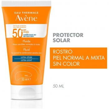 Avene Protector Solar Fluido SPF 50+ 50 Ml - Protección solar de alta gama, fórmula ligera y no grasa, resistente al agua, adecuado para pieles sensibles, con propiedades hidratantes y antioxidantes