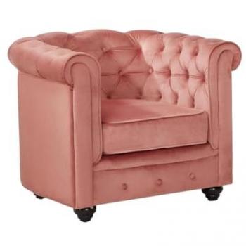 Sillón Chesterfield de terciopelo rosa pastel