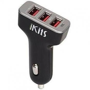 iKits (CE / FCC verificado) 5V 4.8A / 24W Tres cargador de coche de 3 puertos USB cargador de cigarrillos portátil rápido cargador externo con Smart IC Tecnología para el iPhone / iPad, dispositivos Android y más Negro