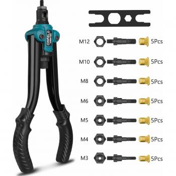 Orfeld Remachadora de Tuercas, Remachadora con M3, M4, M5, M6, M8, M10, M12 Tuerca de Remache, Mango de PVC, Ahorra Energía, Apta para Acero de 2-3 mm de Espesor, Llave Incorporada, 7 Mandriles - Azul