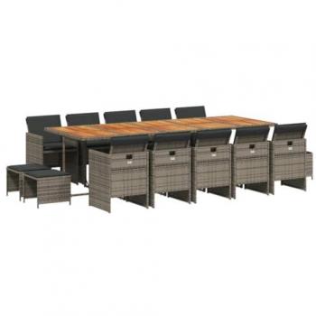 Set comedor de jardín con cojines 15 pzas ratán sintético gris