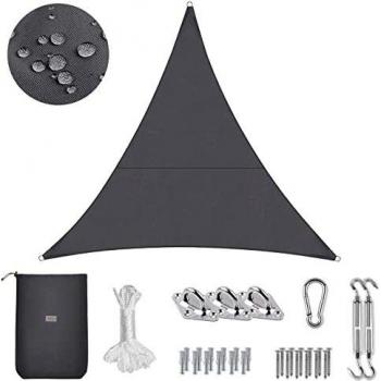 Sekey Toldo Vela de Sombra Impermeable 3x3x3m Triangular con Cuerda y Kit de Montaje Protección Rayos UV, Resistente al Desgarro, para Terraza Balcon Patio Exteriores Jardín, Antracita