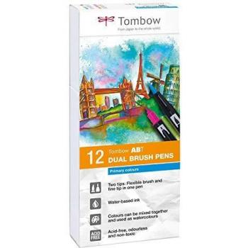 Tombow - Dual Brush | Estuche con 12 Rotuladores Acuarelables de Doble Punta en Colores Primarios
