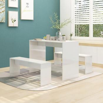 Conjunto de Comedor Jamaica 1 Mesa + 2 Bancos Blanco Brillo - Juego de comedor de 3 piezas, fabricado en aglomerado con acabado blanco brillante