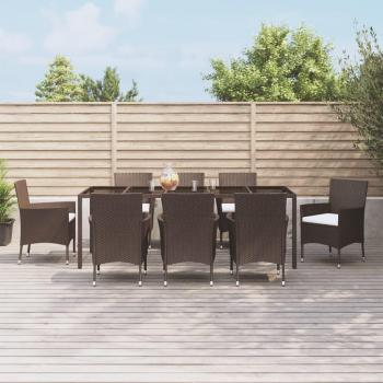9-Piece Brown Poly Rattan Garden Dining Set with Cushions