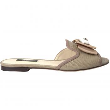 Dolce & Gabbana Beige Logo Pearl Flats Sandals Slides Shoes - EU35/US4.5