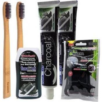 Foramen Eco-Friendly Dental Care Bundle with Bamboo Charcoal Toothbrushes, Activated Charcoal Toothpaste, 2-in-1 Toothpaste, and Interdental Floss Picks