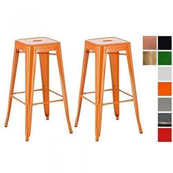 Set de 2 Taburetes Altos Metálicos Joshua Naranja en Estilo Industrial, Apilables, Sin Respaldo con Reposapiés