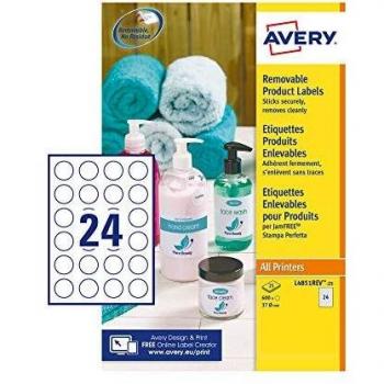 Avery España L4850REV-25, Etiquetas de sello blancas adhesivas despegables, redondas 25 mm, Caja de 1200 etiquetas
