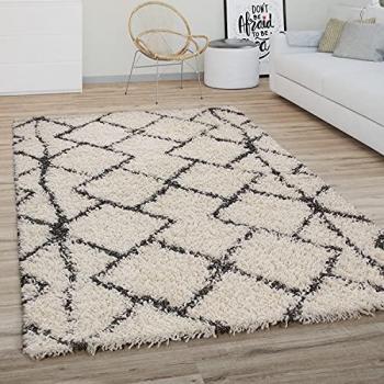Alfombra Salón Pelo Largo Shaggy Motivo Moderno Boho Escandinavo Rombos 140x200 cm, Color: Crema Antracita 2
