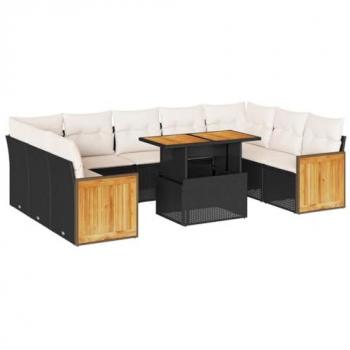 10-Piece Black Acacia Poly Rattan Garden Sofa Set with Cushions