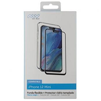 Funda Compatible con Apple iPhone 12 Mini + Protector Pantalla Vidrio Templado Plano Marco Negro