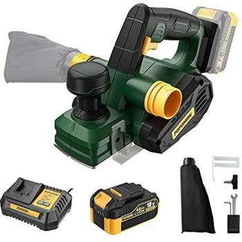 POPOMAN Cepilladora Eléctrica, 18V-4.0Ah, 12500RPM, Double Cuchillo, 1H de Carga rápida, Cepillo Eléctrico Madera con profundidad 1.5mm y Ancho 82mm, Base de Aluminio, Sistema extracción polvo doble