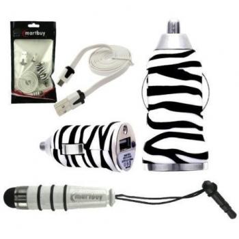 Emartbuy Trio Paquete para Xoro PAD 10W6 Windows Convertible Tablet PC 10.6 Inch - Zebra Negro / Blanco Conector para Cargador de Coche USB 1 Amp + Blanco Mini Metallic Lápiz Óptico + Blanco Cable Plano Antienredos para Transferencia de Datos y Cargador