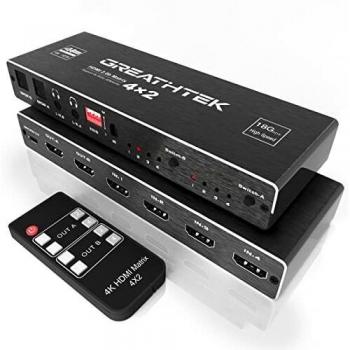 Conmutador de HDMI Matriz 4K@60Hz, HDMI Matrix Switch 4x2 SPDIF 5.1CH & Salida óptica & L/R 3.5 mm, Extractor de Audio EDID con Control Remoto IR, HDMI 2.0 & HDCP 2.2