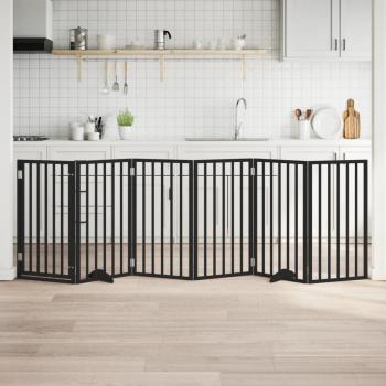 Foldable 6-Panel Dog Gate with Door - Black Poplar Wood, 300 cm