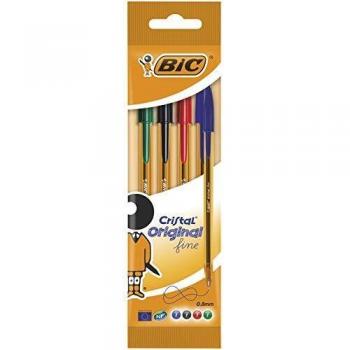 BIC Cristal Original Fine - Bolígrafos punta fina 0.8 mm, Blíster de 4 unidades, Colores Surtidos