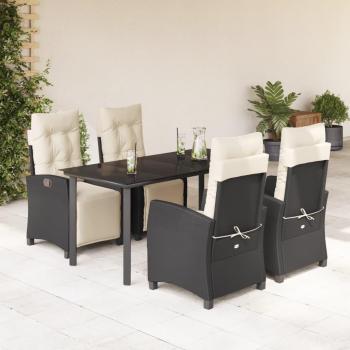5-Piece Black Poly Rattan Garden Dining Set with Cushions
