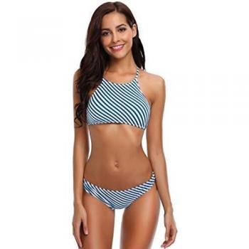 SHEKINI Mujeres Trajes de Baño Cuello Alto Impresión Stripe String Bikini Traje de Baño de Dos Piezas