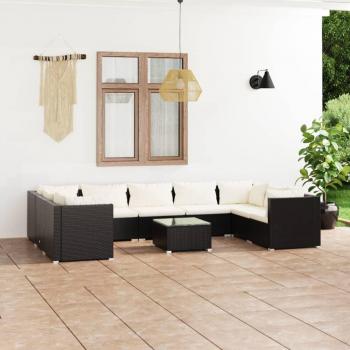 10-Piece Black Poly Rattan Garden Lounge Set with Cushions
