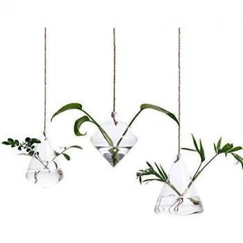 Hyindoor Jarrón Geométrico para Colgar con Cuerdas Jarrón Irregular de Cristal Hidropónico para Plantas Florero Colgante de Vidrio, 3 Piezas
