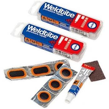 Kit de reparación de pinchazos Airtite Weldtite - 4 parches de 18mm + 2 parches de 28x18mm + pegamento 5g + papel pómez con instrucciones