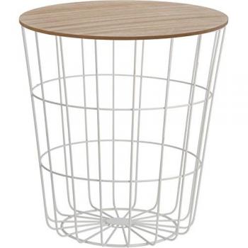 Mesa Auxiliar de Madera con Estructura de Metal, Tablero MDF, Cesta de Metal Blanco, Dimensiones 38,5x42cm, Color Marrón, Tamaño 40x40x44 cm