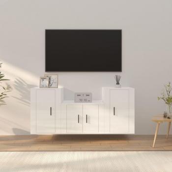 vidaXL Set de muebles de TV 3 piezas madera contrachapada blanco brillo, Mueble de salón, Mueble TV, Mesa de TV