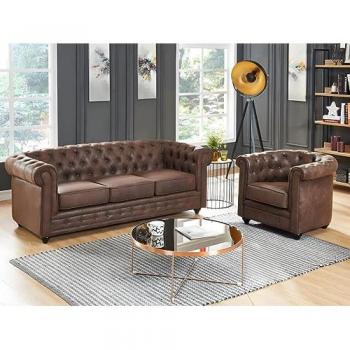 Sofá 3 Plazas y Sillón Chesterfield de Microfibra Envejecida Vintage