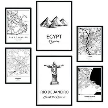 Set de 6 Pósters de Sudáfrica con Ilustraciones Nórdicas de Mapas y Monumentos para Decoración Interior, Tamaños A4 y A3, con Marco Negro