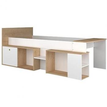 Cama combinada 90 x 200 cm con escritorio y almacenamiento - Blanco y Natural - PALOMA