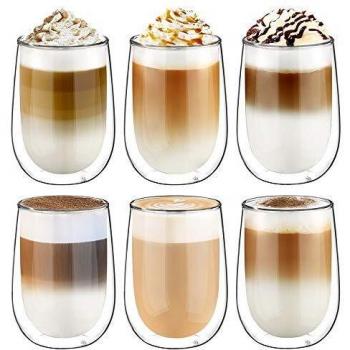 Glastal 350ml*6 Tazas de Café de Cristal, Vasos de Doble Pared Transparente, Tazas de Vidrio Borosilicato para Café Leche Té Latte Macchiato y Más