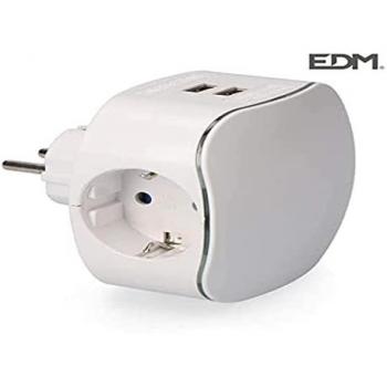 Adaptador triple schuko con 2 tomas usb 2100mah perfil iluminado retráctil EDM