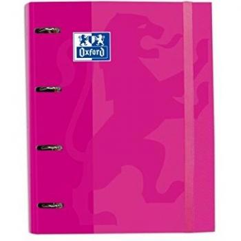 Archivador 4 anillas con recambio y goma Oxford, Tapa Extradura A4+ con Recambio 100 Hojas, Cuadrícula 5x5, Color Fucsia