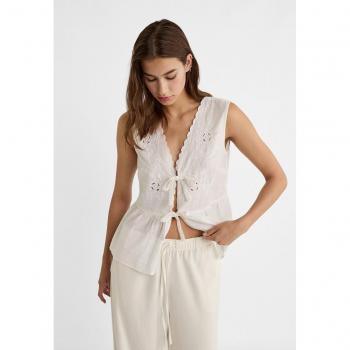 Embroidered Flowing White Top with Tie Detail - Size M
