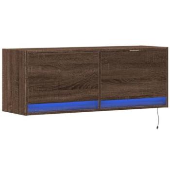 Mueble TV Multimedia Estante de Pared con Luces LED y 2 Cajones en Roble Marrón 100 x 31 x 35 cm