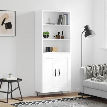 Aparador alto de madera contrachapada blanco 69,5x34x180 cm con 2 puertas de madera, mueble de almacenaje para salón, buffet y armario auxiliar