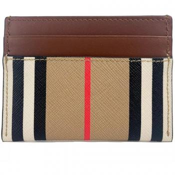 Burberry Sandon Tan Canvas Check Printed Leather Slim Card Case Wallet