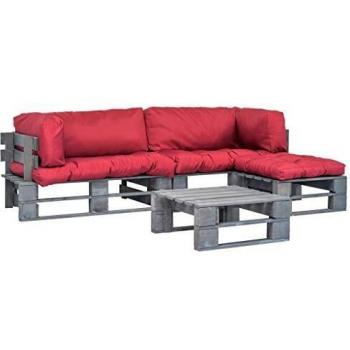 vidaXL Sofás Jardín Palés 4 Piezas Cojín Rojo Madera FSC Gris Exterior Patio