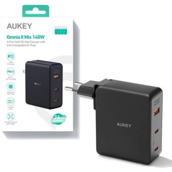 Cargador de red AUKEY PA-B7O Omnia II GaN 2xUSB-C 1xUSB-A PD 3.1 PPS 140W EU/US/UK